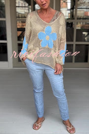 Embroidered Flower Hollow Long-sleeved Holiday Loose Knitted Top