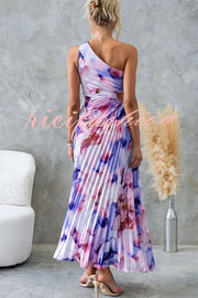 Laken Floral Print One Shoulder Adjustable Tie Cutout Pleated Maxi Dress