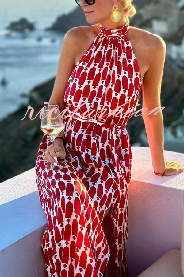 Unique Printed Sleeveless Halterneck Tie-waist Slit Maxi Dress