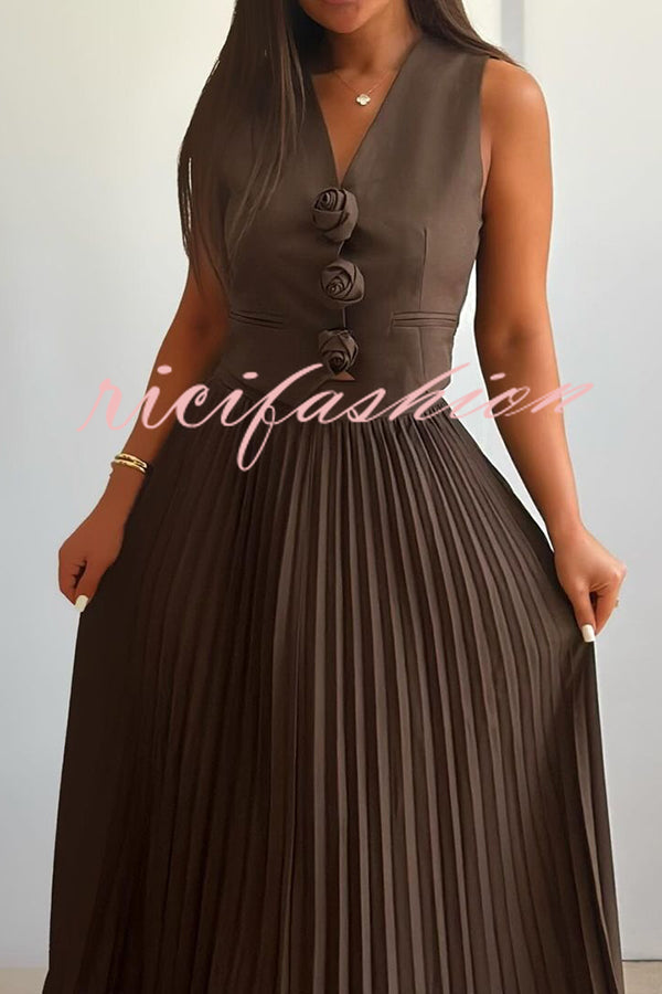 Stylish Rosette Sleeveless Tank Top and Pleated Maxi Skirt Set