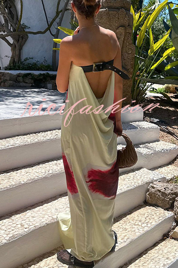 Floral Print Sexy Strapless Backless Belt Maxi Dress