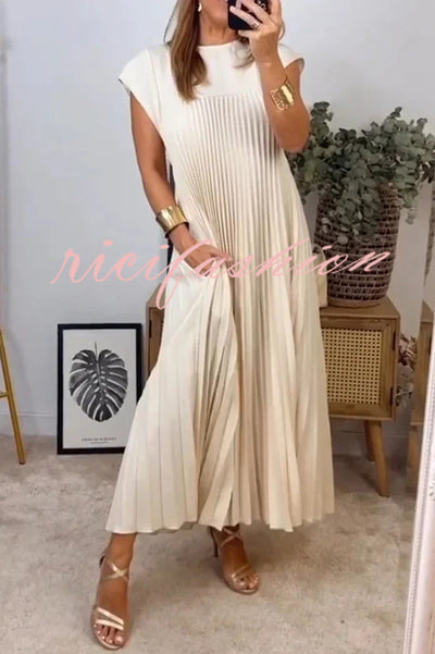 Solid Color Round Neck Sleeveless Pleated Large Hem Maxi Dress