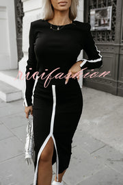 Stylish Paneled Long Sleeve Crew Neck Top and Elastic Waist Slit Midi Skirt Set