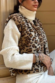 Leopard Print Rabbit Fur Sleeveless V-neck Loose Vest Jacket