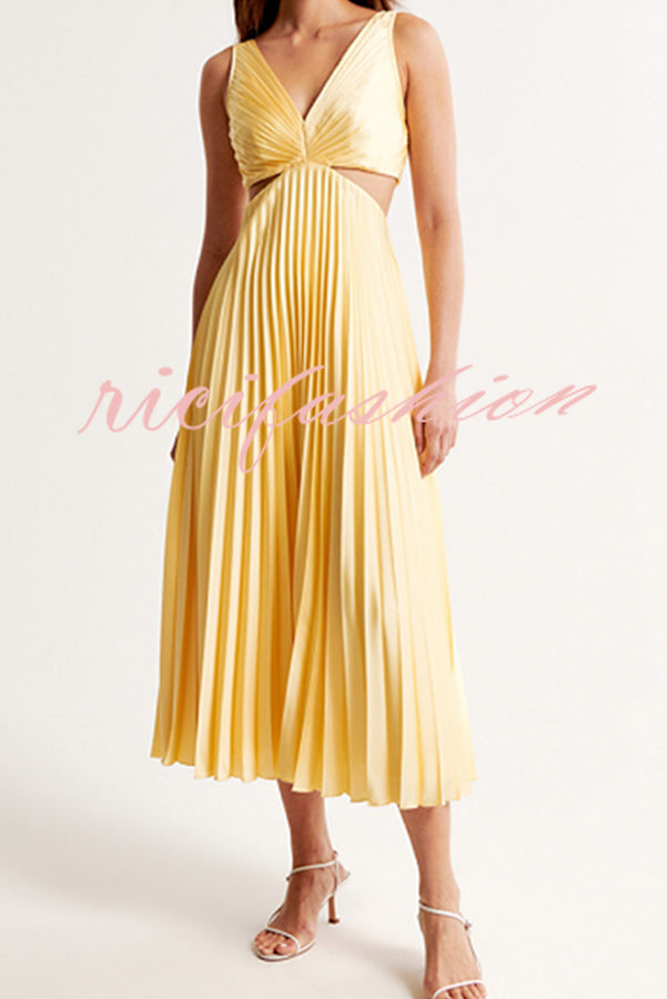 Summer Social Stain Pleated Cutout Waist Loose Midi Dress