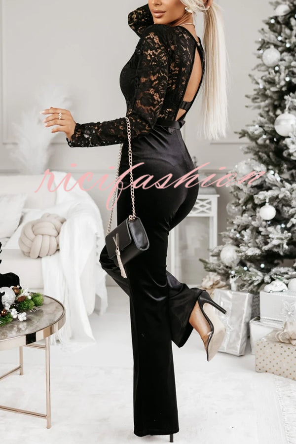 Sonya Lace Velvet Patchwork Long Sleeve Belted Flare Stretch Jumpsuit