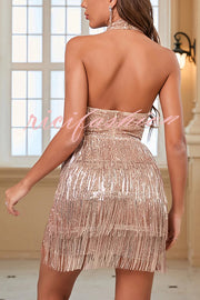 Dance Floor Focus Sequin Cut Out Fringe Trim Backless Halter Mini Dress