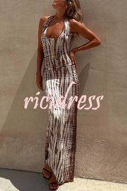 Tie-dye Print Back Lace-up Stretch Maxi Dress