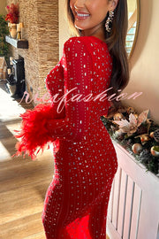 Sexy Long Sleeve Round Neck Feather Edge Rhinestone Decoration Slim Fit Maxi Dress