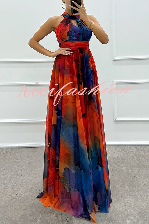 Elaine Tulle Floral Splash Print Cutout Halter Tie-up Neck Gown Maxi Dress