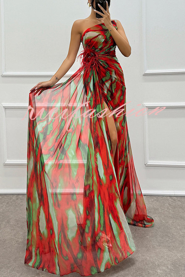 Amazing Views Watercolor Print Feather Rose Detail Off Shoulder Pleated Slit Maxi Dress