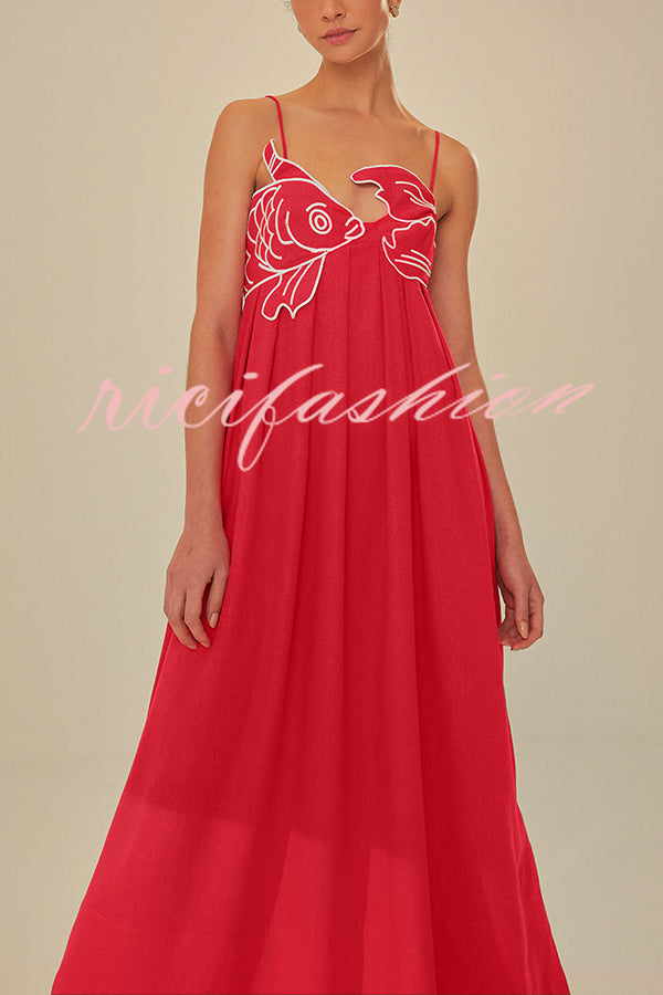 Red Fish Embroidered Sling Backless Maxi Dress