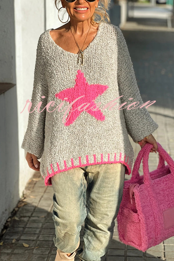 Warm Winter Day Texture Knit Star Pattern Contrast Color Loose Sweater