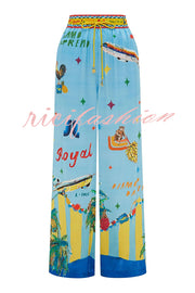 Vacation Flights Satin Unique Print Elastic Waist Pocketed Wide Leg Pants