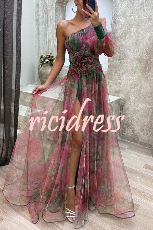 Picturesque Beauty Tulle Floral Pleated One Shoulder Sleeve Slit Maxi Dress