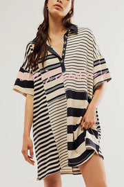 Contrast Striped Patchwork Denim Lapel Loose Casual Mini Dress