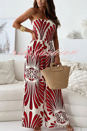 Unique Printed Off-shoulder Pleated Casual Wide-leg Jumpsuit