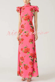 Cheongsam Style Rose Floral Print Tiered Flare Sleeve Stretch Maxi Dress