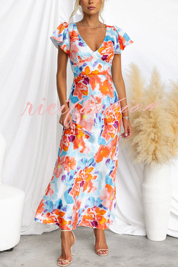 Say I Do Satin Floral Print Cap Sleeves Maxi Dress