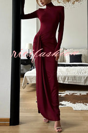 Luxe Silhouette High Neck Shoulder Pads Drape Stretch Maxi Dress