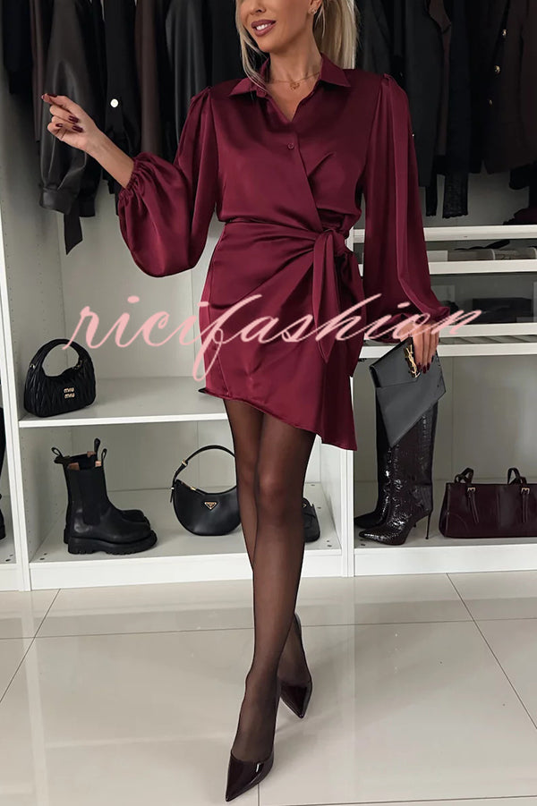 Solid Satin Long Sleeve Tie Waist Irregular Mini Dress