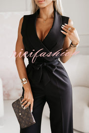 Make Your Entrance Lapel Belt Pocketed Wide Leg Formal Jumpsuit