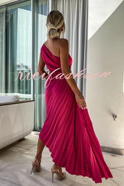 Romantic Nights Satin Raised Flower Elastic Cutout One Shoulder Pleated Maxi Dress