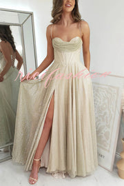 Cinderella Glitter Tulle Fabric Cowl Neck Back Lace-up Pocketed Slit Maxi Dress