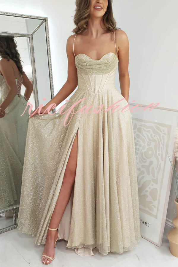 Cinderella Glitter Tulle Fabric Cowl Neck Back Lace-up Pocketed Slit Maxi Dress