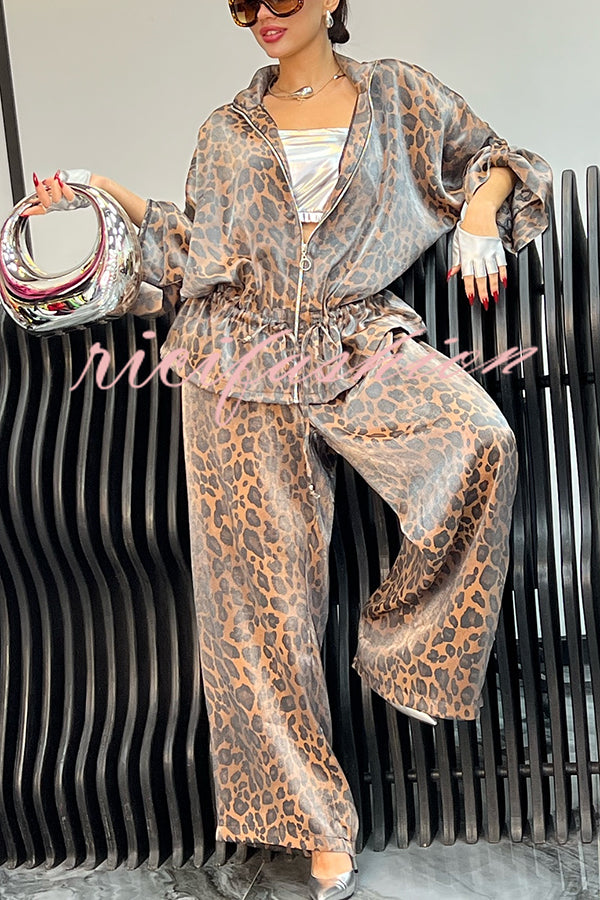 Leopard Print Drawstring Waist Zipper Jacket and Elastic Waist Pocket Loose Pants Set