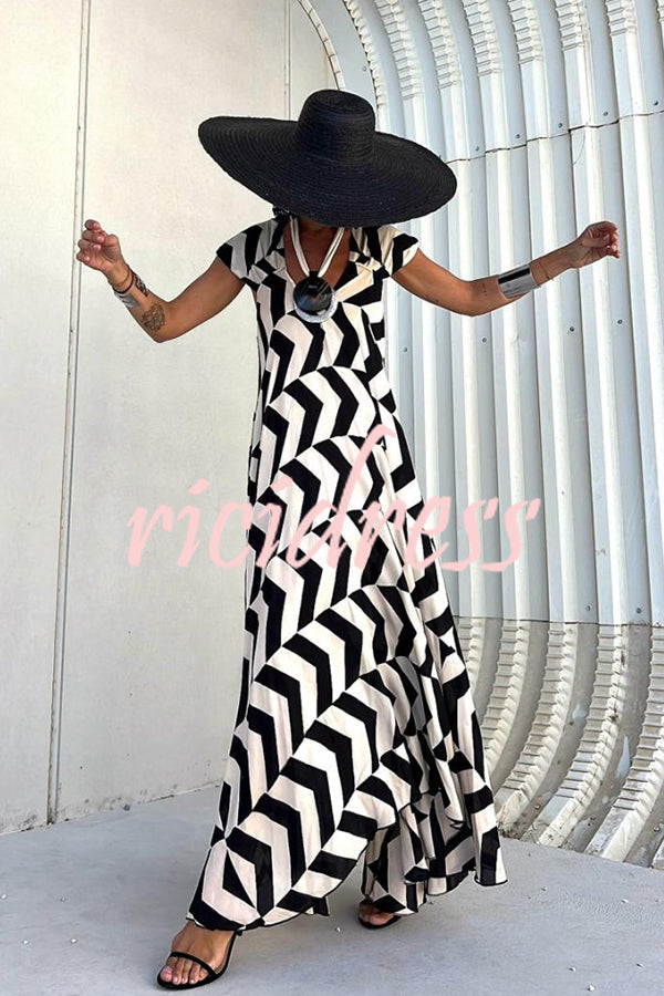 Fresh Breeze Ethnic Unique Print Ruffle Sleeve A-line Maxi Dress