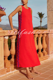 Vacation Villa Side Ric Rac Wave Trim Slit Loose Maxi Dress