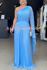 Kate Pleated One Shoulder Drape Sleeve Twist Waist Maxi Dress