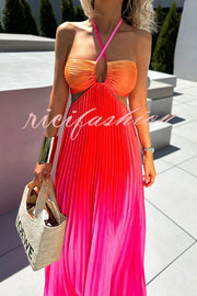 Get Ready Beautiful Gradient Print Cutout Halterneck Pleated Maxi Dress