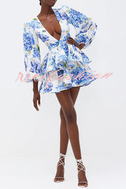 Feminine and Sexy Floral Print Deep V-neck Balloon Sleeve Tiered Mini Dress