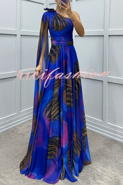 Lucia Unique Print Floral Detail One Shoulder Draped Sleeve Gown Maxi Dress