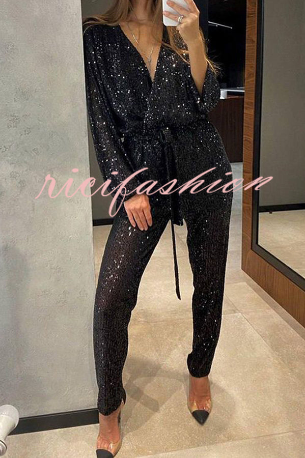 Cheers To You Sequin Long Sleeve Belted Wrap Loose Jumpsuit