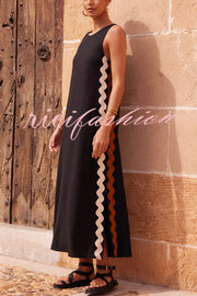 Vacation Villa Side Ric Rac Wave Trim Slit Loose Maxi Dress