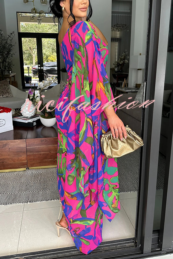 Colorful Printed One-sleeve Slim-fitting Slit Maxi Dress