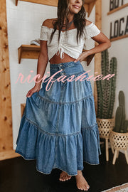 Bohemian High Rise Button Up Loose Denim Pocket Maxi Skirt