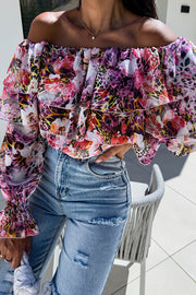 Colorful Botanical Print Sexy Off-shoulder Ruffle Top