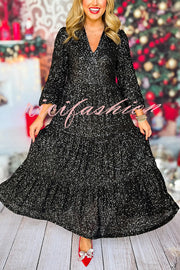 Christmas Elegant Sequin Long Sleeve V Neck Midi Dress