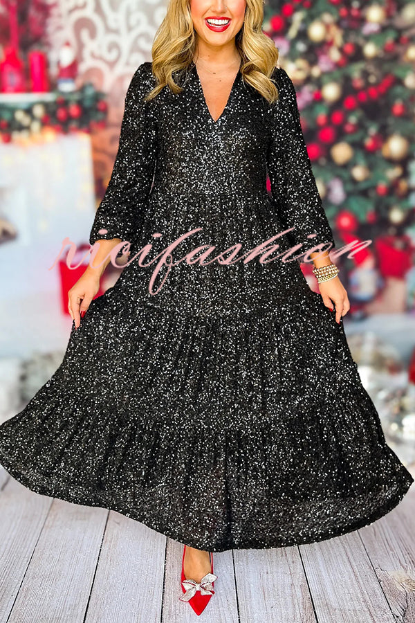 Christmas Elegant Sequin Long Sleeve V Neck Midi Dress