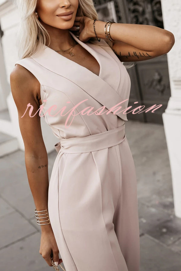 Make Your Entrance Lapel Belt Pocketed Wide Leg Formal Jumpsuit