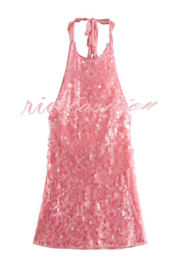 Sexy Rose Disc Sequin Halter Backless Mini Dress