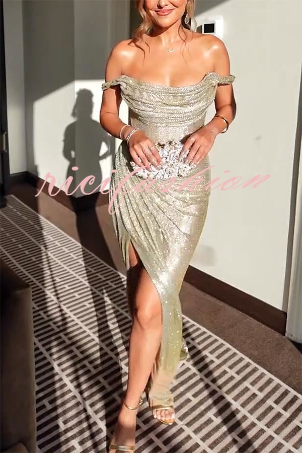 Party with Passion Glitter Fabric Off Shoulder Ruched Slit Maxi Dress