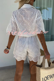 Elegant and Chic Embroidered Lace Flowers Button Up Belted Loose Shirt Romper