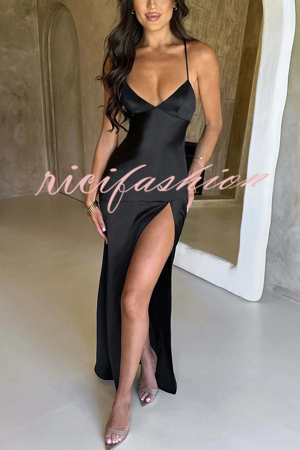 Satin Solid Color Sexy Backless Lace Up High Slit Maxi Dress