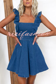 Sweet Secret Denim Square Neck Ruffle Sleeve Stretch Mini Dress