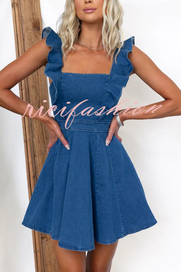 Sweet Secret Denim Square Neck Ruffle Sleeve Stretch Mini Dress